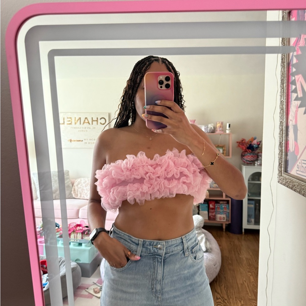 ASOS Pink Ruffled Tulle Strapless Top with Rhinestone Removable Straps Size 8